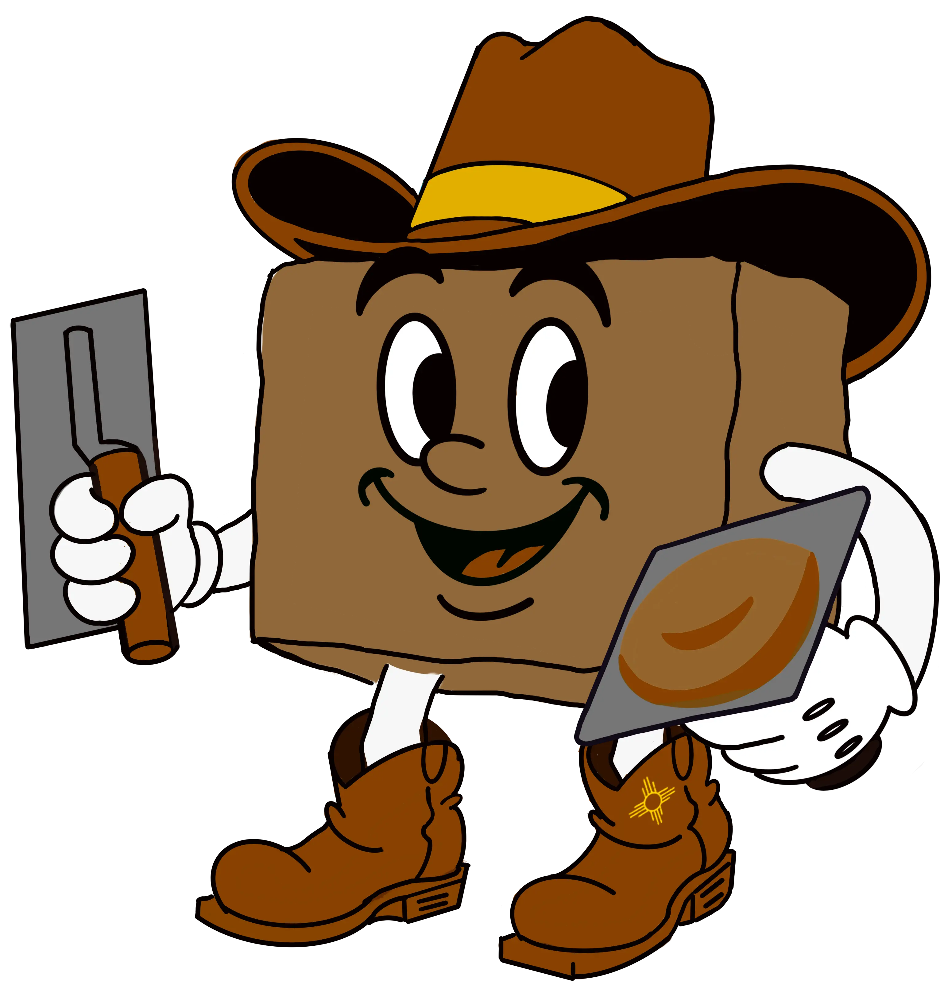 UNM Taos Adobe Club mascot logo – a stylized adobe mud brick character with a trowel and a smile